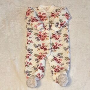 (2 for $10) Floral Quilted Baby One-Piece Footed Romper - Cream with Pink Roses